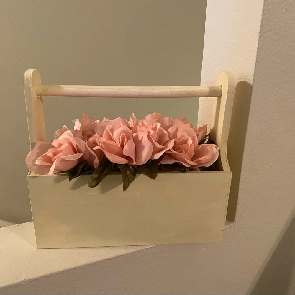 Painted Wooden Decorative Box with Handle and added transfers with Pink Flowers.
